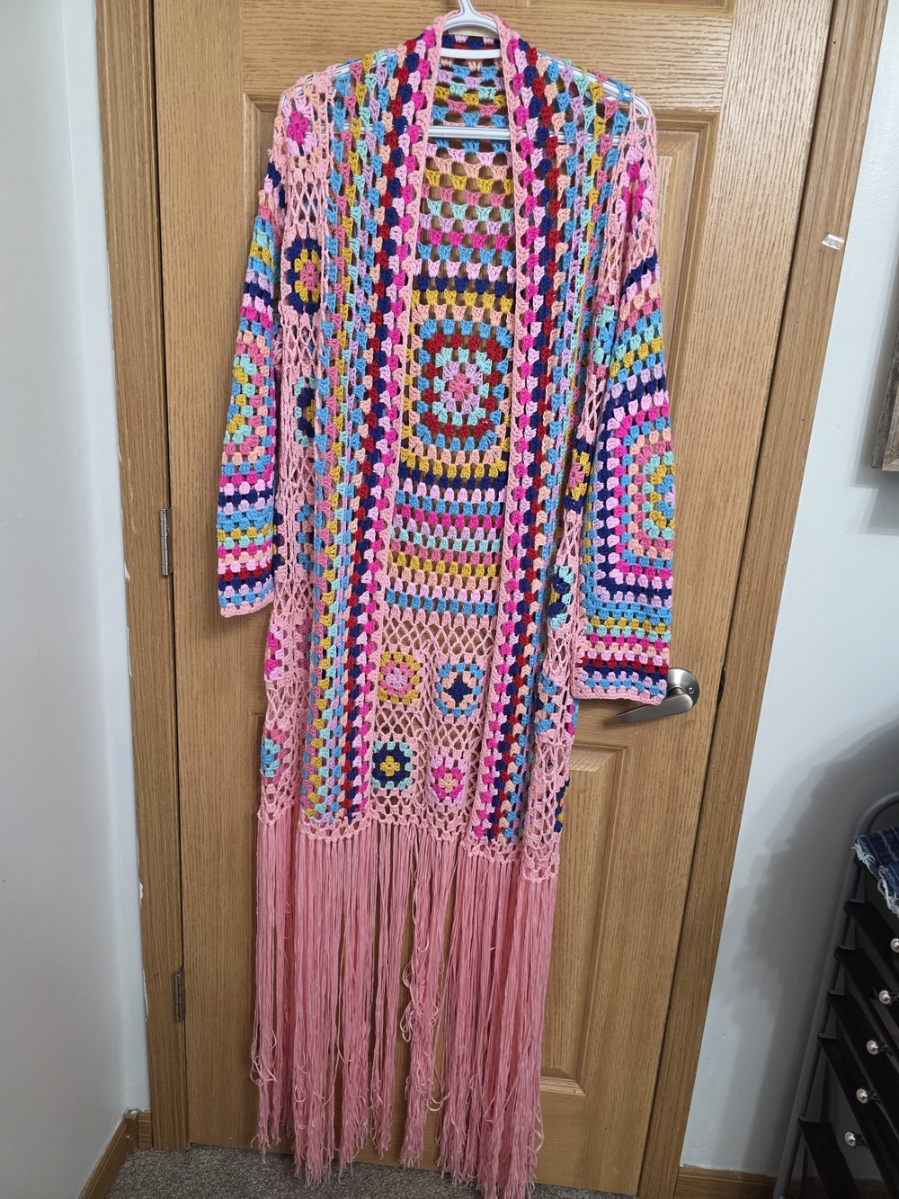 Boho Multicolor Crochet Granny Square Fringe Long Cardigan - Pink
